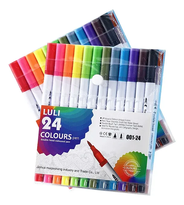 Kit com 24 Canetinhas Brush Pen Ponta Dupla
