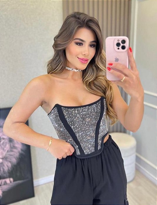 cropped corselet feminino com strass e barbatana