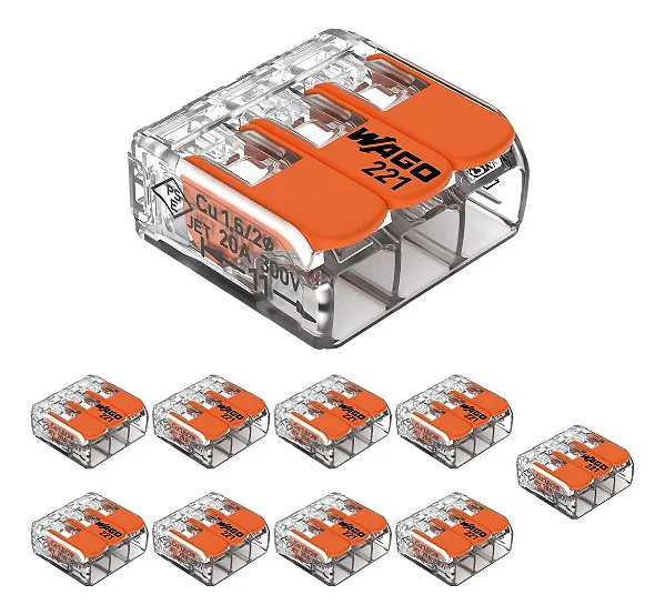 Kit 10 Conectores WAGO 221-413 – 3 Polos – até 4mm² – 32A