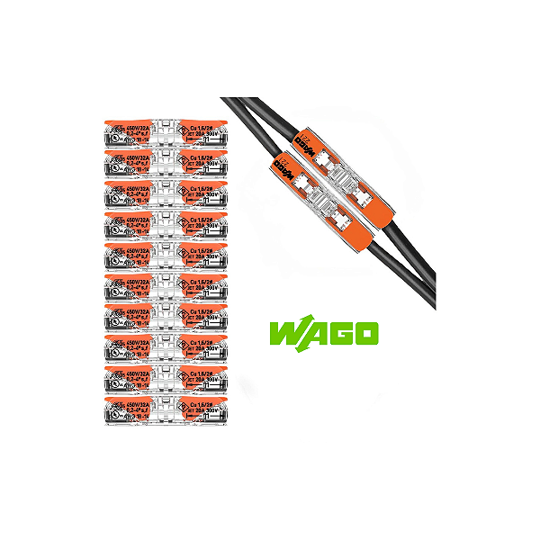 Kit 10 Conectores WAGO 221-2411 – 2 Polos  em Linha até 4mm² – 32A