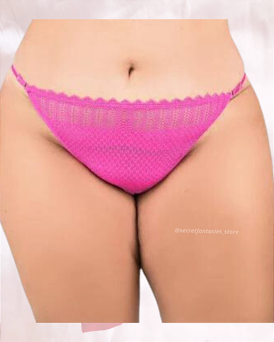 Calcinha Plus Size Fio Dental Rosa Neon Renda Frases com Strass