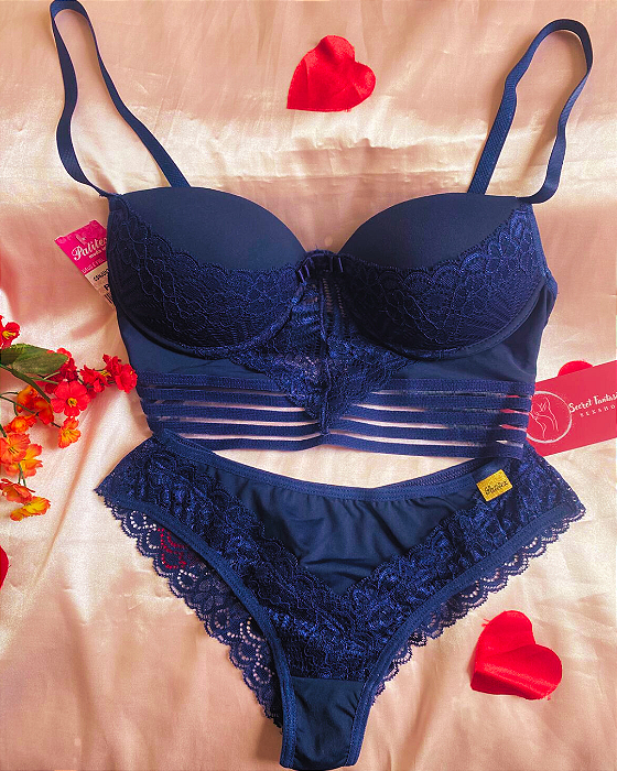 Conjunto Sexy Cropped Fio Dental Microfibra e Renda