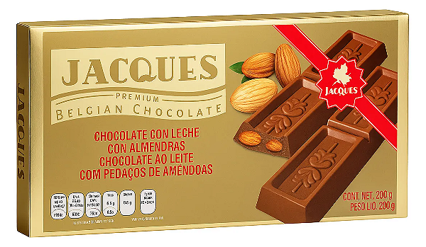 Barra Chocolate Premium Belga Ao leite C/Amêndoas Jacques - Amêndoa - Barra 200 g