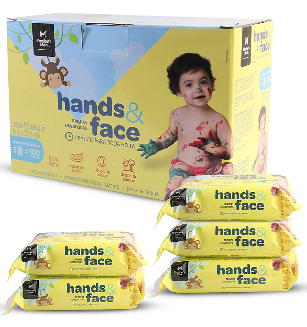 Toalhas Umedecidas Hands & Face Member's Mark Caixa Pack com 5 Pacotes 20 Unidades Cada Embalagem Econômica