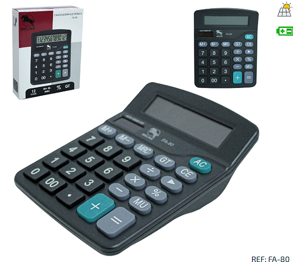 Calculadora eletrônica 12 dígitos grande a pilha e solar-Loreto