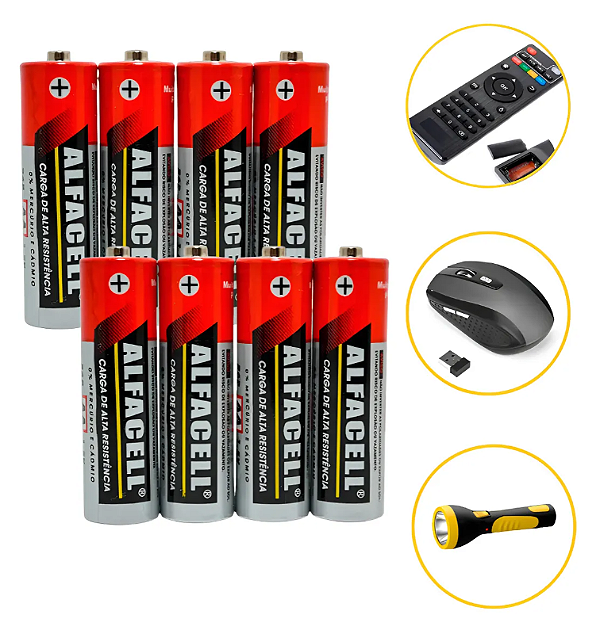Kit 8 Pilhas AA Normal Pequena 1,5v - Alfacell Original-Loreto