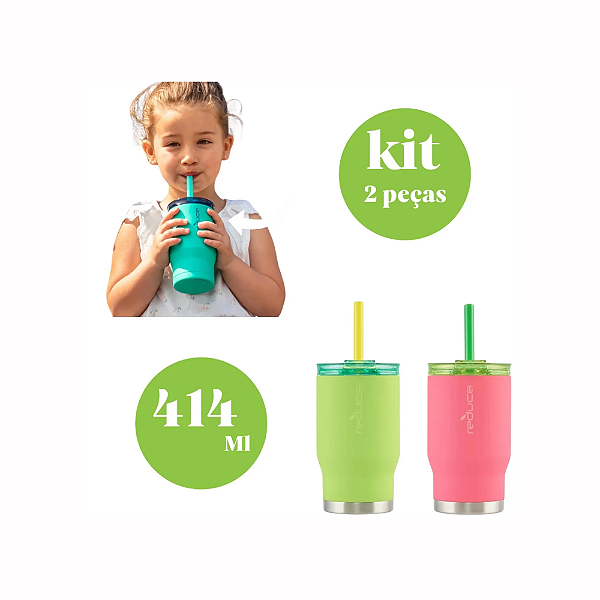 Kit Copo Térmico Reduce 414ml Tampa 3 Em 1 Verde E Rosa Copo