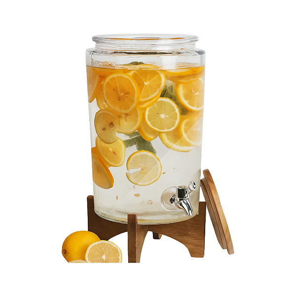 Suqueira De Vidro Dispenser Bebidas 8l Com Base De Madeira