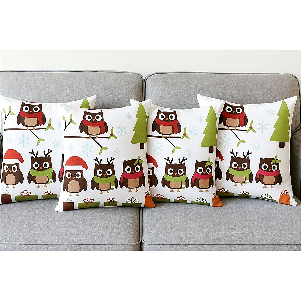 Jogo de Capas para Almofada Corujas Natalinas Ziper 43cm x 43 cm c/ 4 Pçs-Loreto