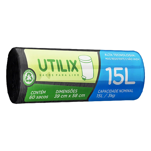 Saco Para Lixo Rolo Com 60 Unidades De 15 Litros Preto Utilix