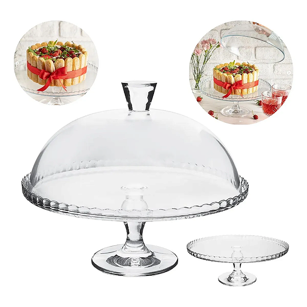 Boleira De Vidro Prato Para Bolo Com Pé E Tampa 32cm-Loreto