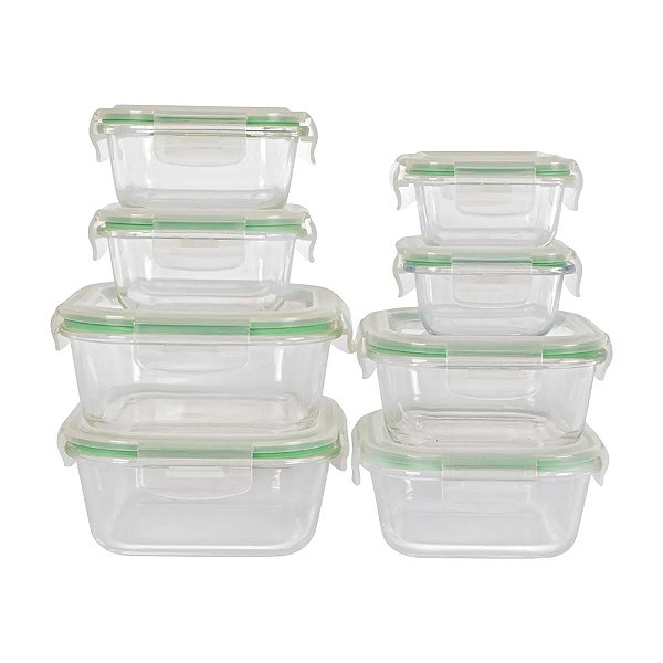Conjunto De Potes Lock 8 Peças Vidro Hermetico Verde-claro
