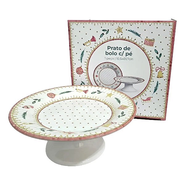 Prato Para Bolo C/ Pé Boleira Tema Natalino Cerâmica Enfeites De Natal Members