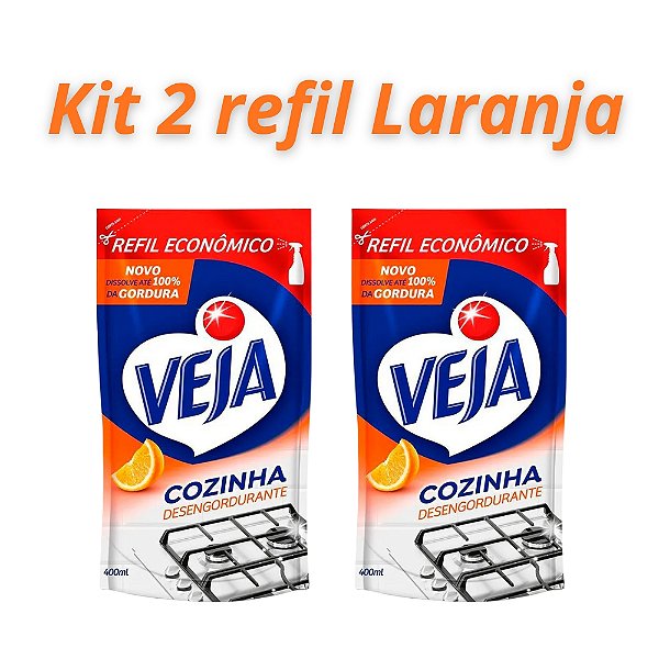 Kit Com 2 Veja Refil Desengordurante Cozinha Laranja 400m
