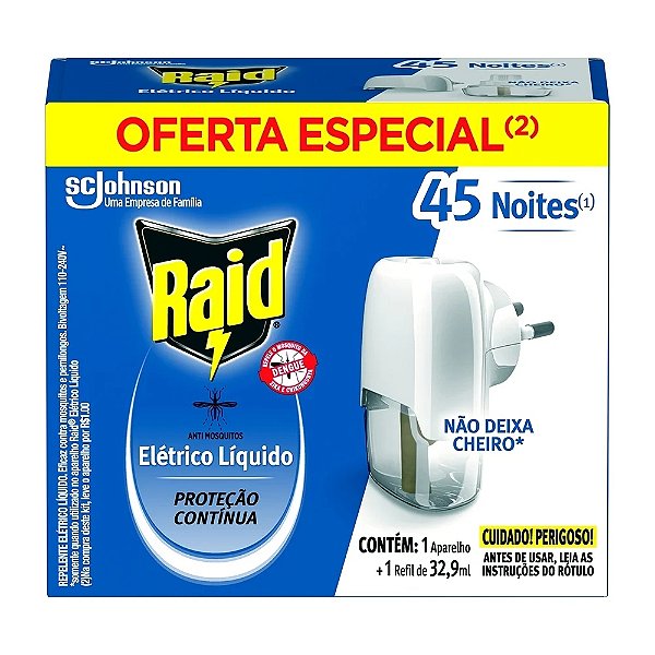 Repelente Eletrico Líquido Raid 45 Noites 1 Aparelho e 1 Refil de 32,9ml