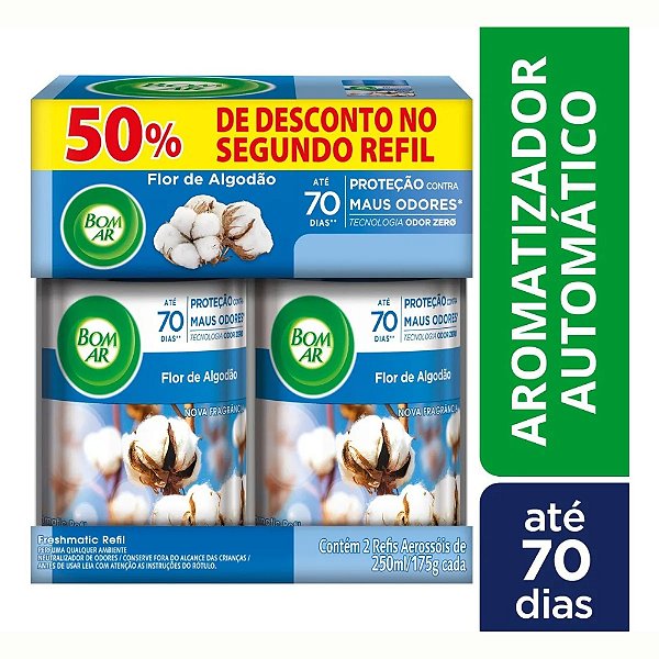 Kit 2 Refil Aromatizante Bom Ar Freshmatic Flor De Algodão 250 Ml