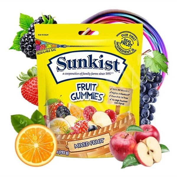Bala De Gelatina Sunkist Mixed Fruit Gummies Turquia 793g