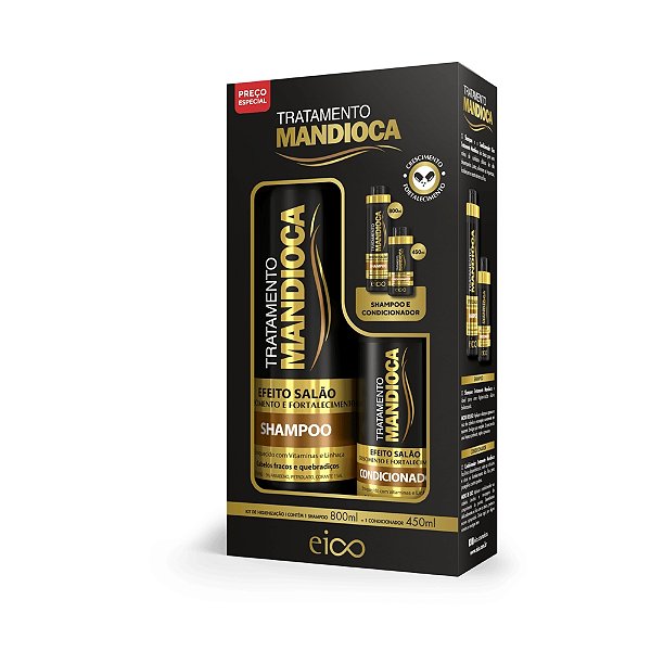 Eico Tratamento Mandioca Força Crescimento Brilho Shampoo Hidratação Sem Sal 800ml Condicionador Leave-in Sem Frizz 450ml