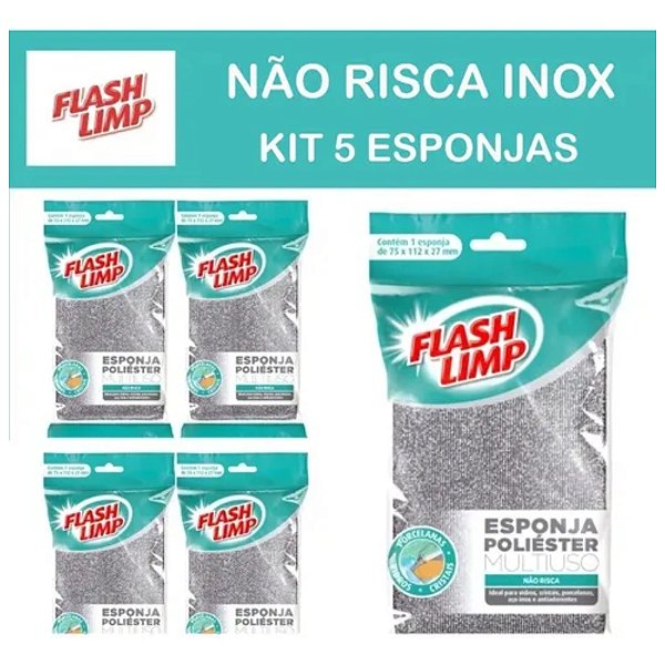 Kit 5 Esponjas Poliéster Multiuso Não Risca Inox Flash Limp Prata