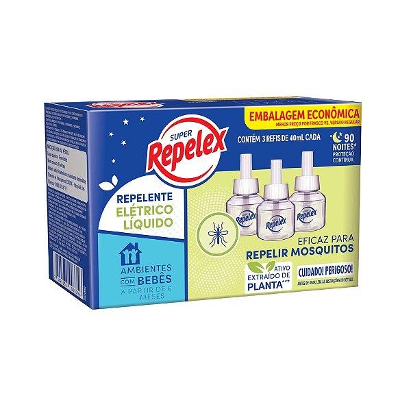 Repelente Líquido Elétrico 90 Noites Repelex Caixa 3 Unidades 40ml
