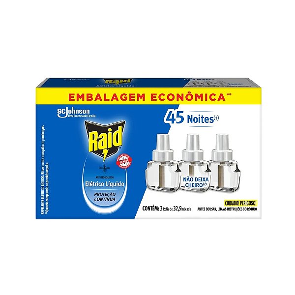 Repelente Elétrico Líquido Raid 45 Noites Refil 3 unidades 32,9ml