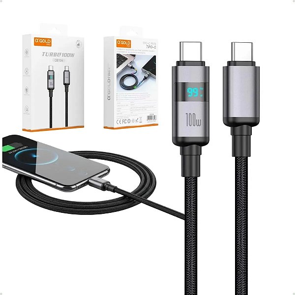 Cabo Carregador Rápido 100w Turbo Mostrador Led Usb Tipo C Preto Visor Led