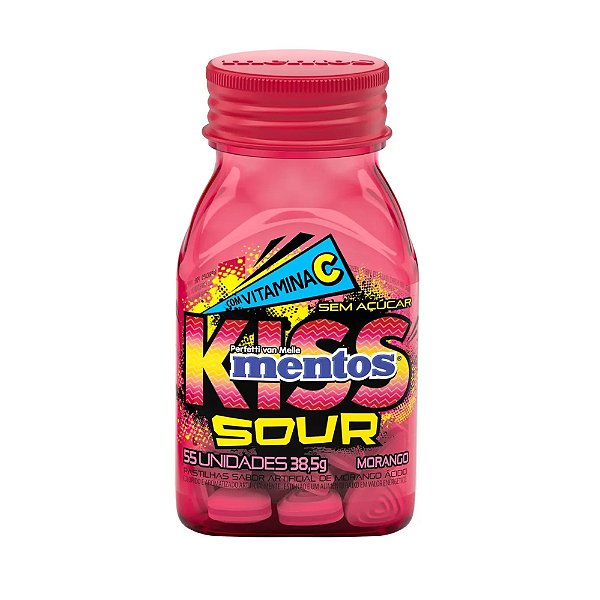 Mentos Kiss Sour Morango Vitamina C Zero Açúcar