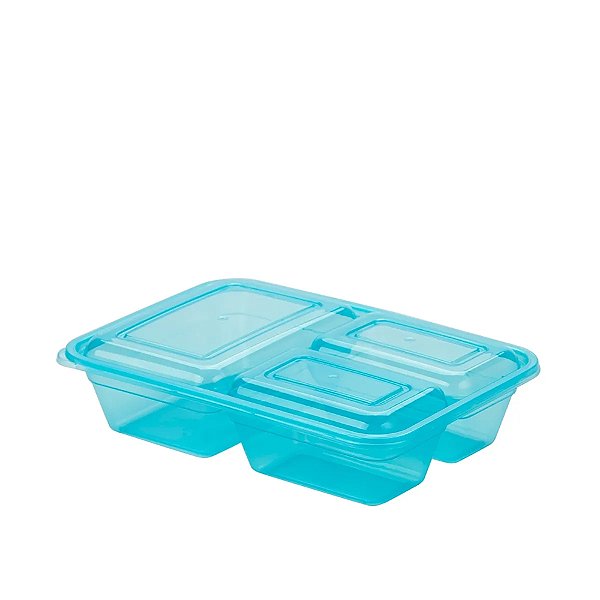 Kit Pote Marmita Fitness Com 3 Divisórias E Tampa Azul Bpa Free