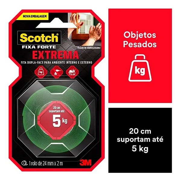 Fita Dupla Face Scotch Fixa Forte Branca 2m x 24mm Suporta 5kg