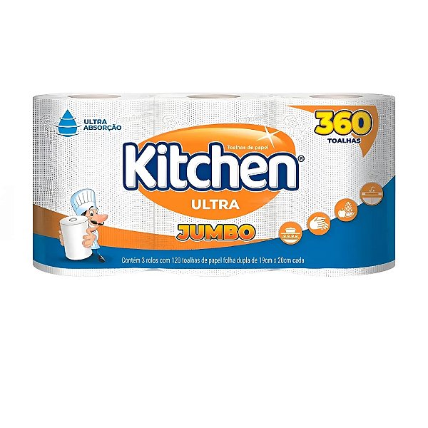 Papel Toalha Kitchen Folha Dupla 19cm X 22cm Jumbo C/3 Rolos