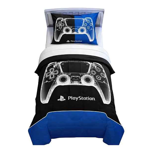 Kit 2 Peças Edredom Fronha Gamer Playstation Solteiro Azul Ps5