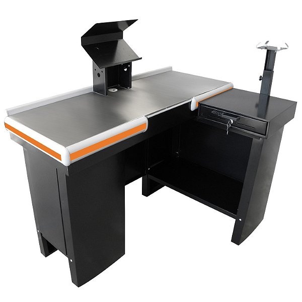 Checkout Caixa de Supermercado 1.30mts Completo com Gaveta de Dinheiro Manual e Suportes - Esquerda/Direita - Mesa Reta - BCL13 - Preto com Laranja