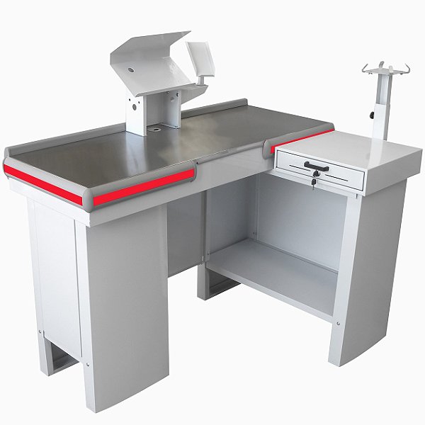 Checkout Caixa de Supermercado 1.30mts Completo com Gaveta de Dinheiro Manual e Suportes - Esquerda/Direita - Mesa Reta - BCL13 - Branco com Vermelho