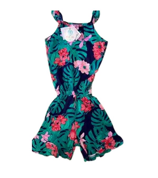 Macaquinho curto For Girl Floral Fundo Marinho com Verde Tam.6