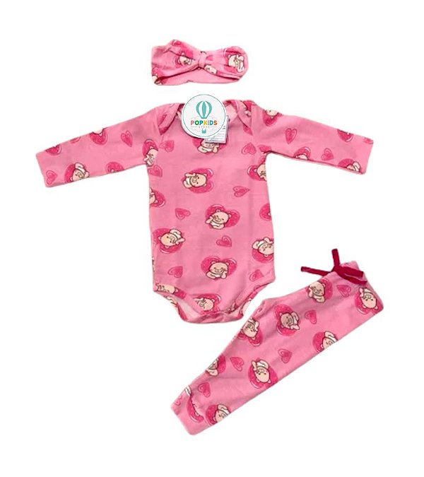 Conjunto 3 peças Ursinha com Laço de Cabelo Ajustável Tam.G