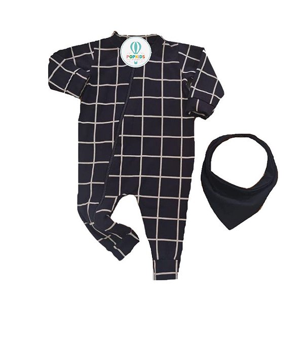 Macacão Zíper Xadrez Preto + Bandana Tam.2