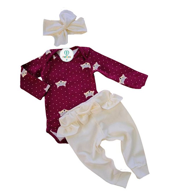 Body Calça Frufru Raposinha com Faixa Cabelo Tam.2