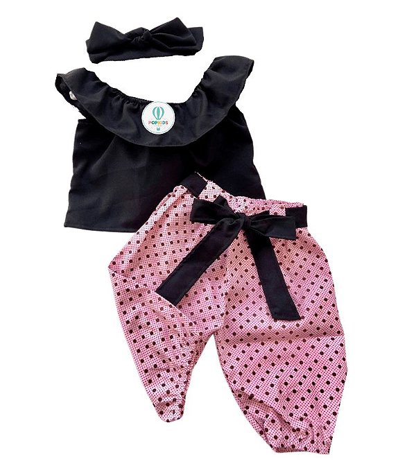 Conjunto  Blogueirinha Calça Poá Rosa Tam.1-2