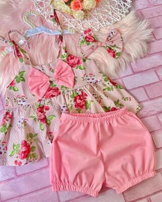 Conjunto Batinha Floral com Shorts + Laço Cabelo Tam.1-2 Anos