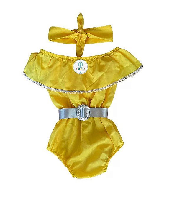 Body Romper Amarelo com Cinto e Faixa de Cabelo Tam.G