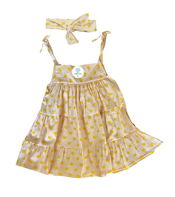 Vestido Amarelo Estampa Coroa+ Faixa de Cabelo Tam.3