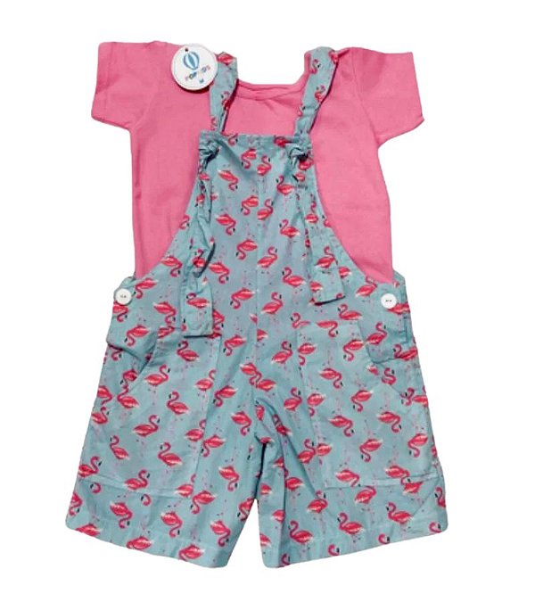 Jardineira Flamingos com Blusa Rosa Tam.10