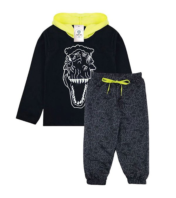 Conjunto Infantil Meia Estacao C/Capuz Dino Brilha no Escuro Preto Tam. 8