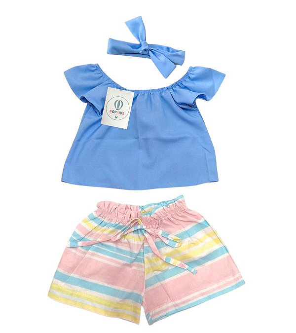Conjunto com Shorts Colorido Com Faixa de Cabelo Tam.1-2 anos