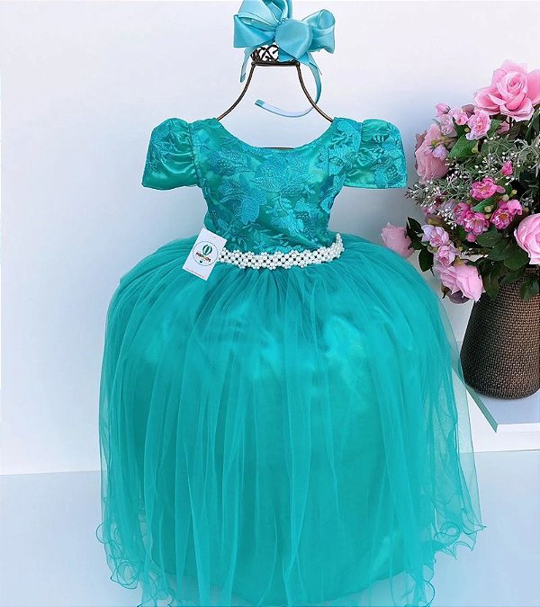 Vestido Festa Longo Luxo com Renda e Pérolas Tiffany Tam.4-5 Anos