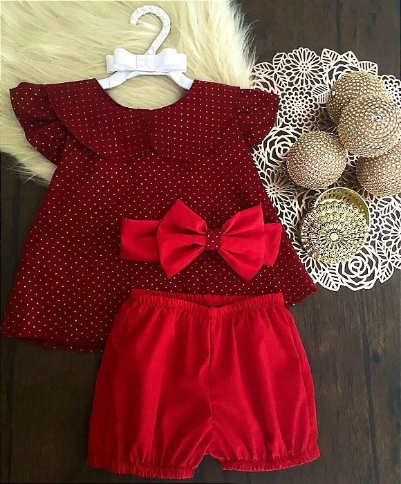 Conjunto Festa Vermelho com Dourado Tam.1-2 Anos