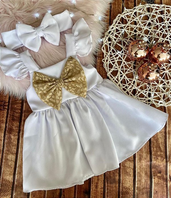 Vestido Social Branco com Laço Dourado Tam.G 6-12m