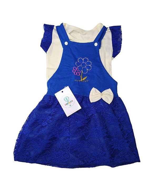 Jardineira Salopete Azul + Blusa com Renda Tam.M