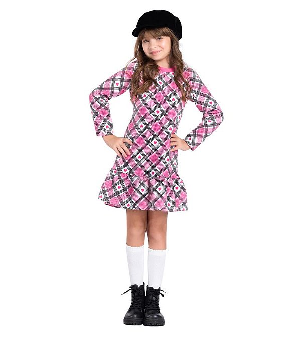 Vestido Feminino Infantil Corações e Listras Rosa Tam.12