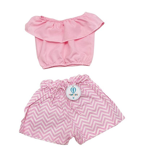 Conjunto com Shorts Rosa com Faixa de Cabelo Tam.1-2 anos